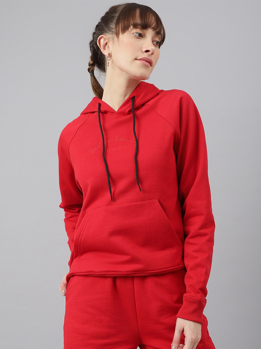 

Fitkin Women Red Fleece Regular Fit Hooded Sweatshirt