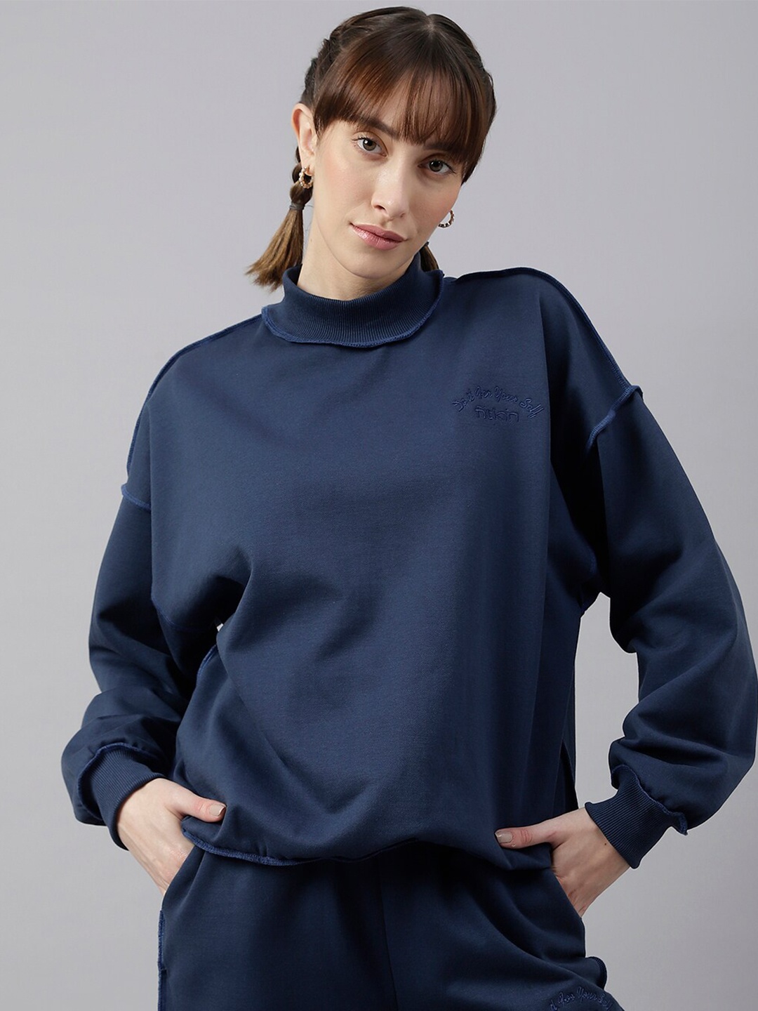 

Fitkin Women Turtle Neck Oversized Sweatshirt, Blue