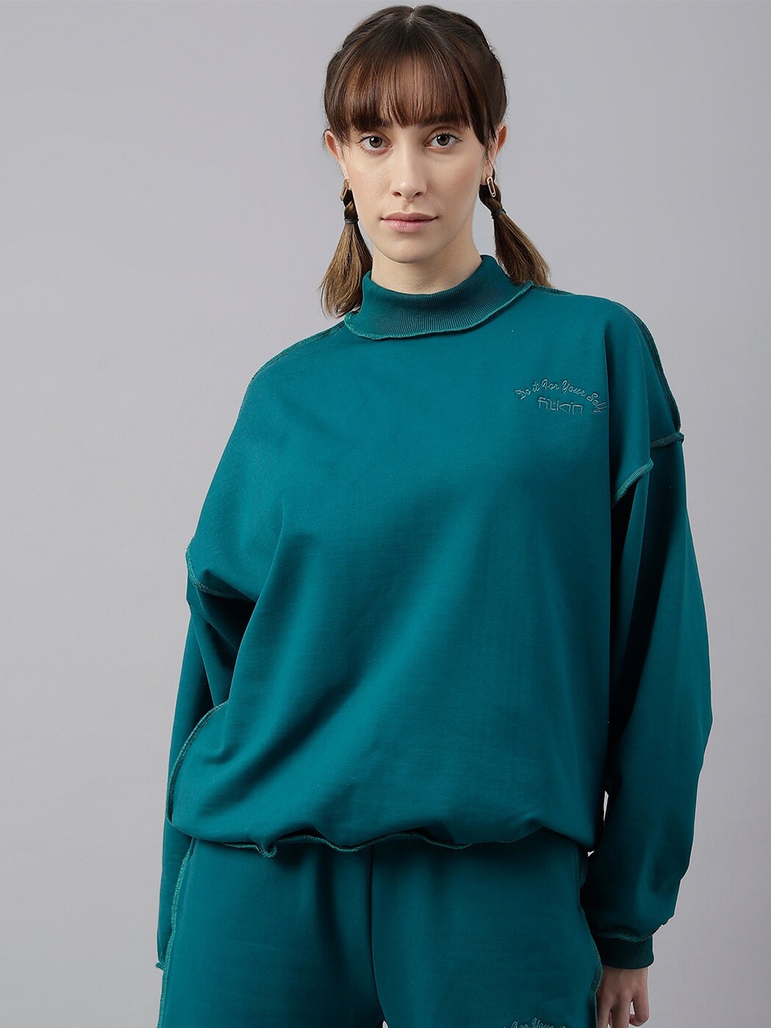 

Fitkin Women Turtle Neck Oversized Sweatshirt, Teal