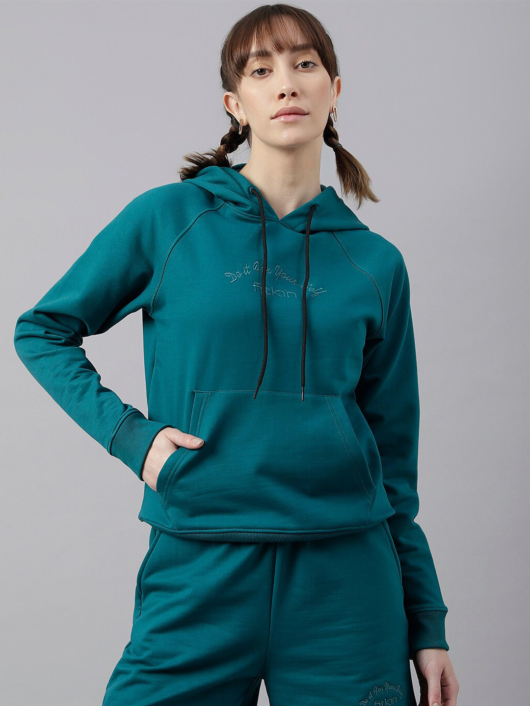 

Fitkin Women Fleece Regular Fit Hooded Sweatshirt, Teal