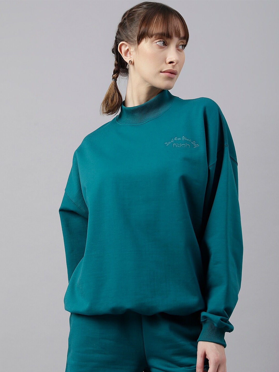 

Fitkin Women High Neck Oversized Sweatshirt, Teal