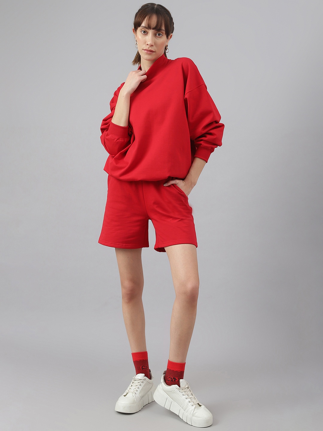 Fitkin Women High Neck Oversized Sweatshirt, Red