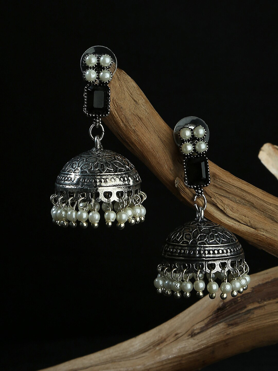 

Fida Dome Shaped Silver-Plated Oxidised Jhumkas Earrings, Black