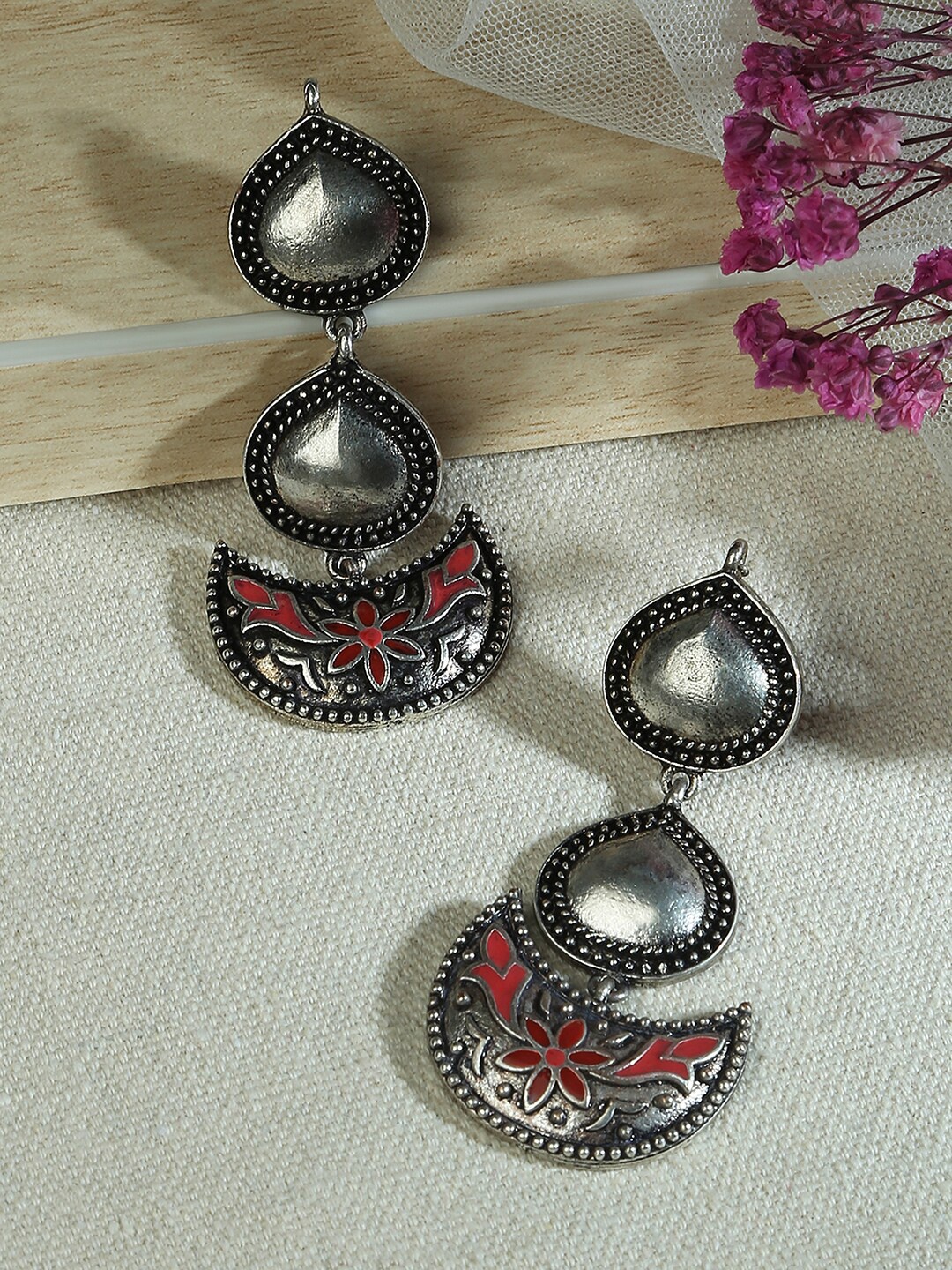 

Fida Crescent Shaped Oxidised Silver-Plated Drop Earrings