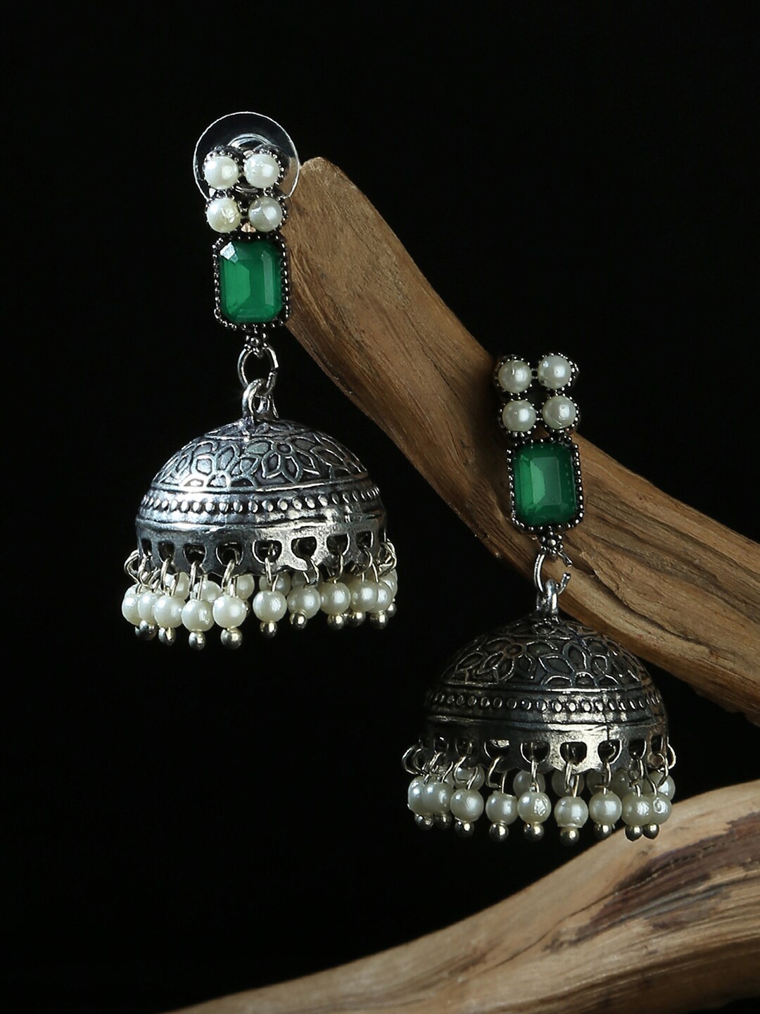 

Fida Silver Plated Contemporary Jhumkas Earrings, Green