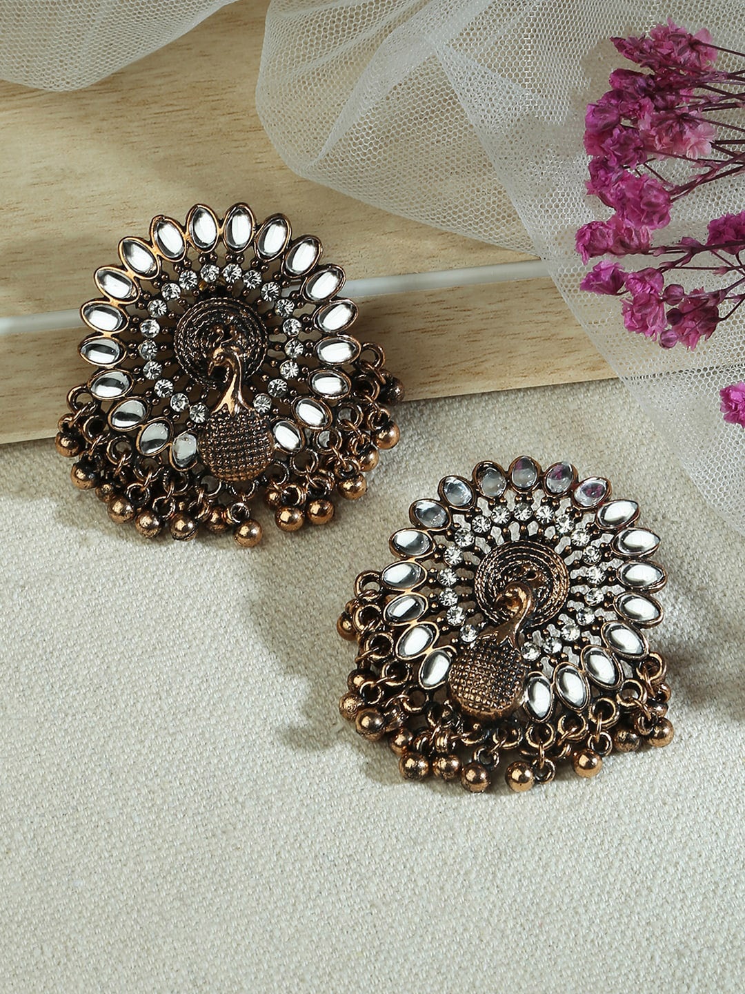 

Fida Gold Plated Peacock Shaped Studs Earrings, White