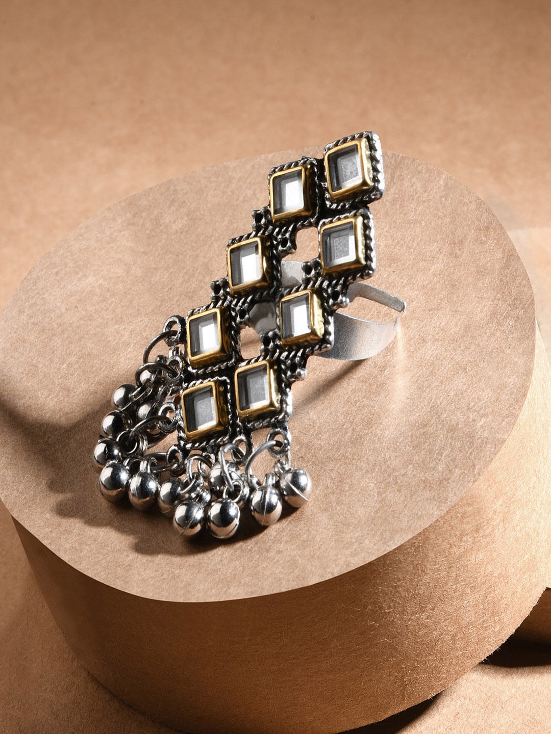

Fida Oxidized Silver-Plated Mirror-Studded Adjustable Finger Ring