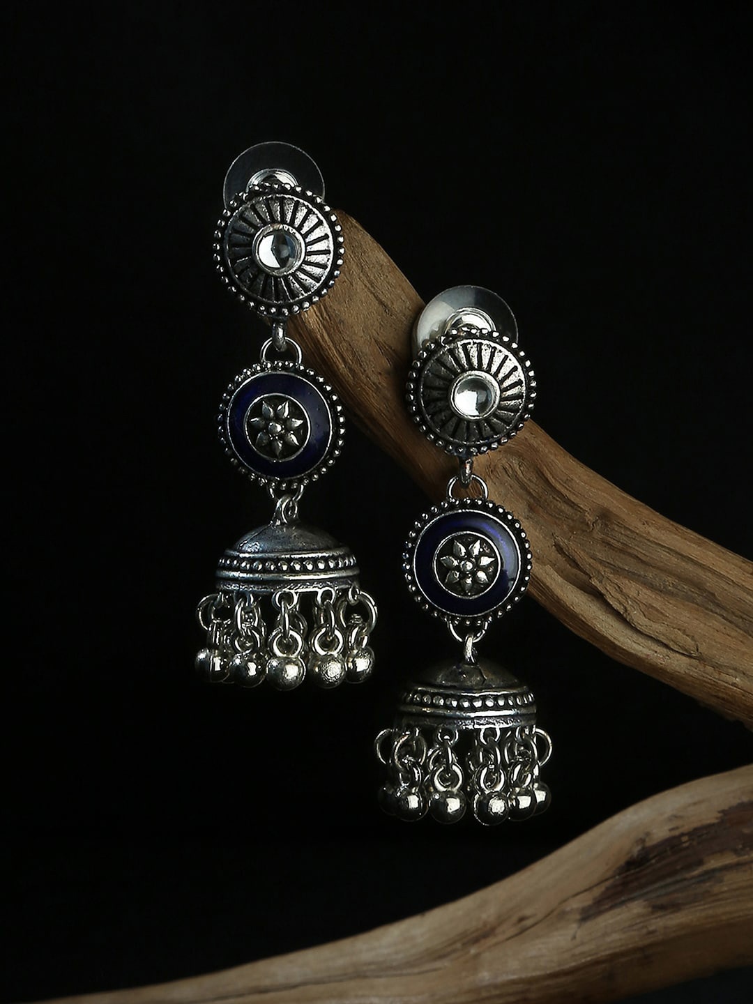 

Fida Silver Plated Oxidised Contemporary Jhumkas Earrings, Navy blue
