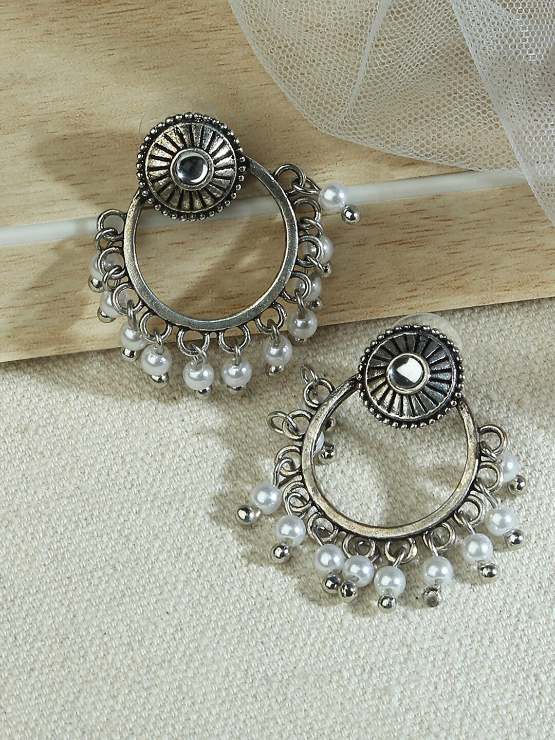 

Fida Silver Plated Oxidised Circular Drop Earrings, White