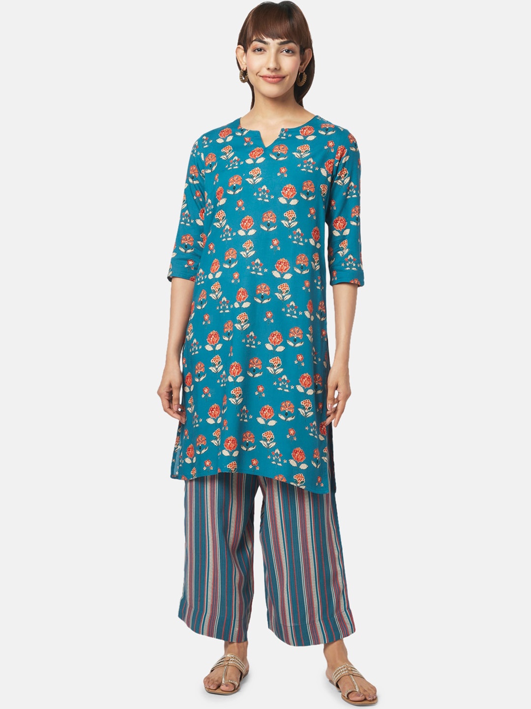 

RANGMANCH BY PANTALOONS Floral Printed Round Neck Kurta with Palazzos, Teal