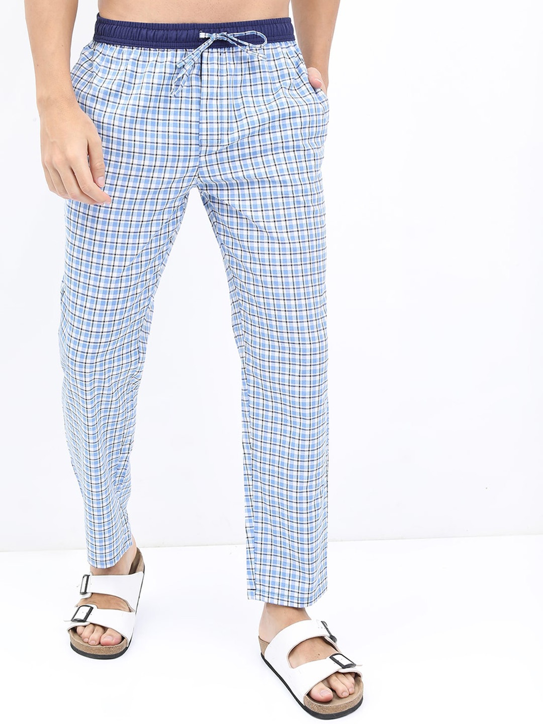 

HIGHLANDER Men Checked Mid-Rise Lounge Pants, Turquoise blue