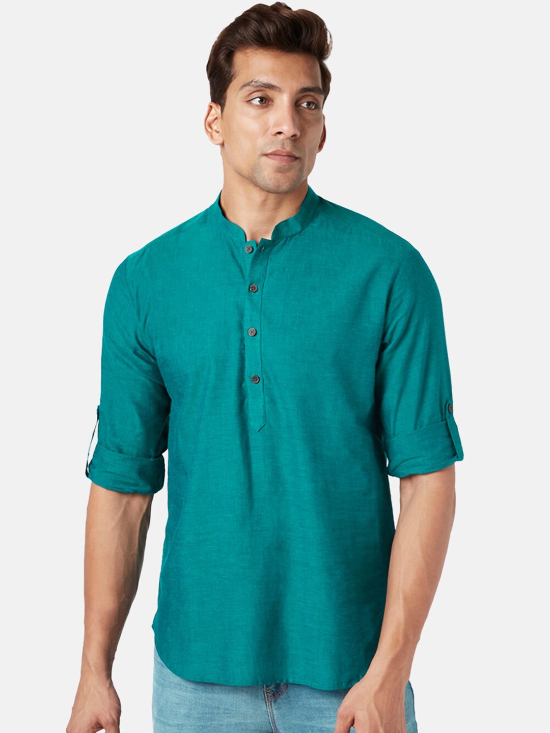 

indus route by Pantaloons Mandarin Collar Pure Cotton Kurta, Teal