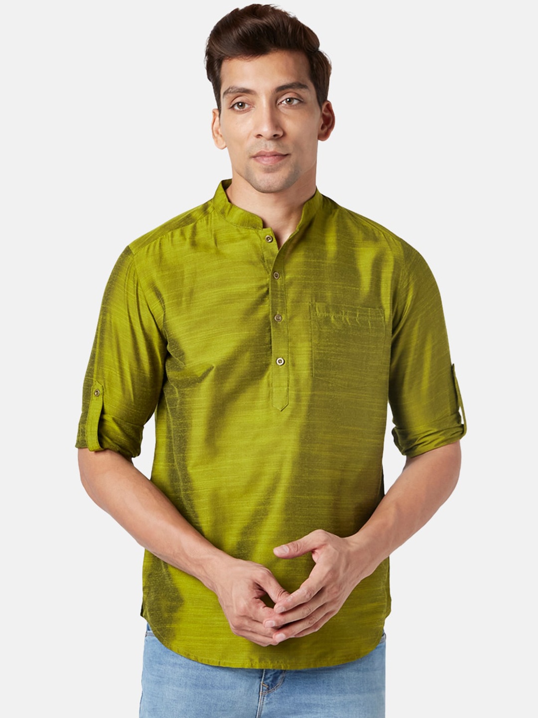 

indus route by Pantaloons Mandarin Collar Kurta, Olive