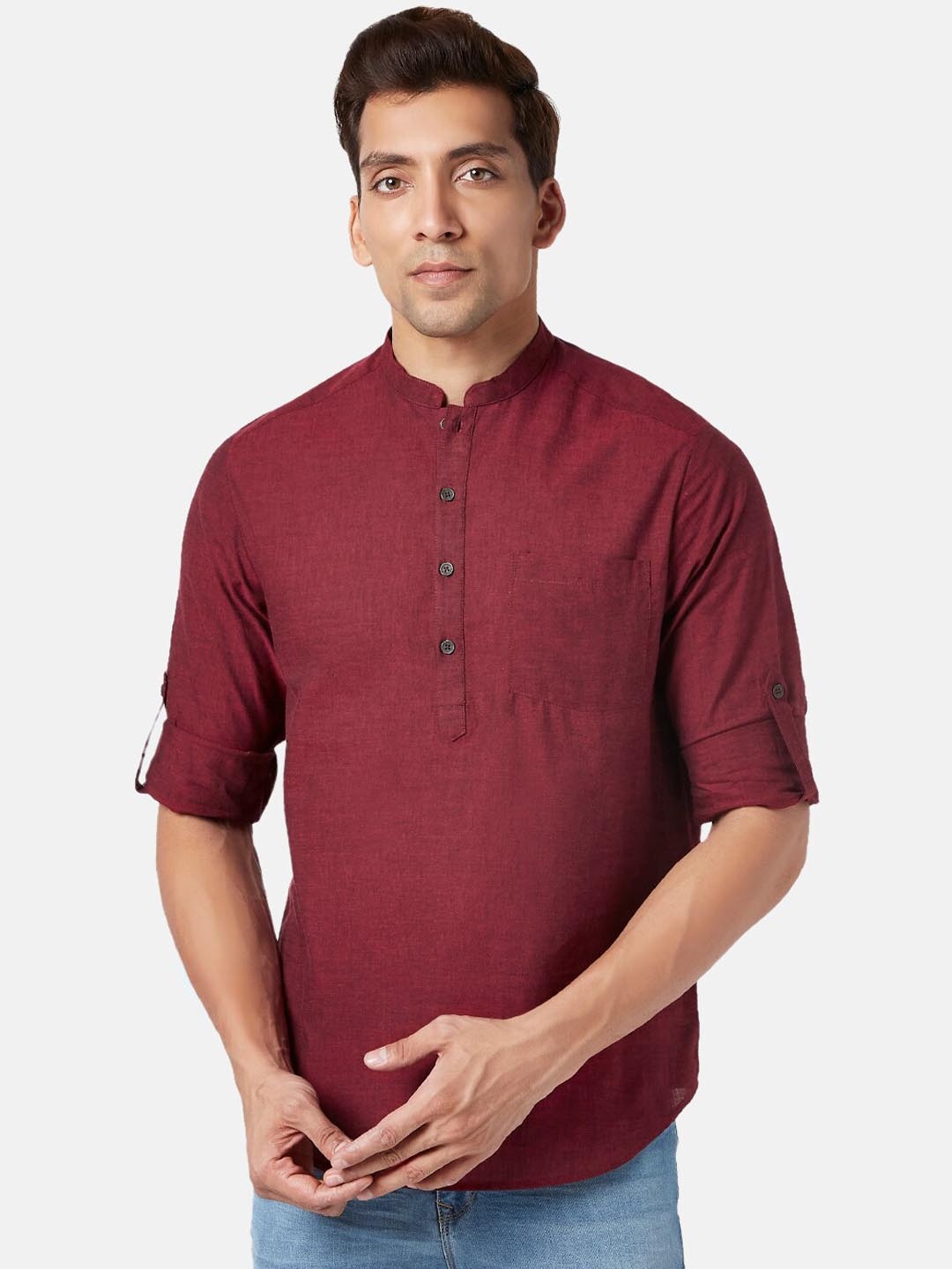 

indus route by Pantaloons Mandarin Collar Pure Cotton Kurta, Maroon