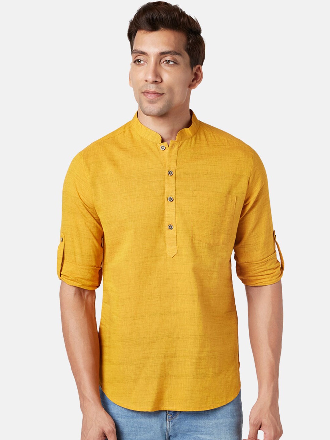

indus route by Pantaloons Mandarin Collar Pure Cotton Kurta, Mustard