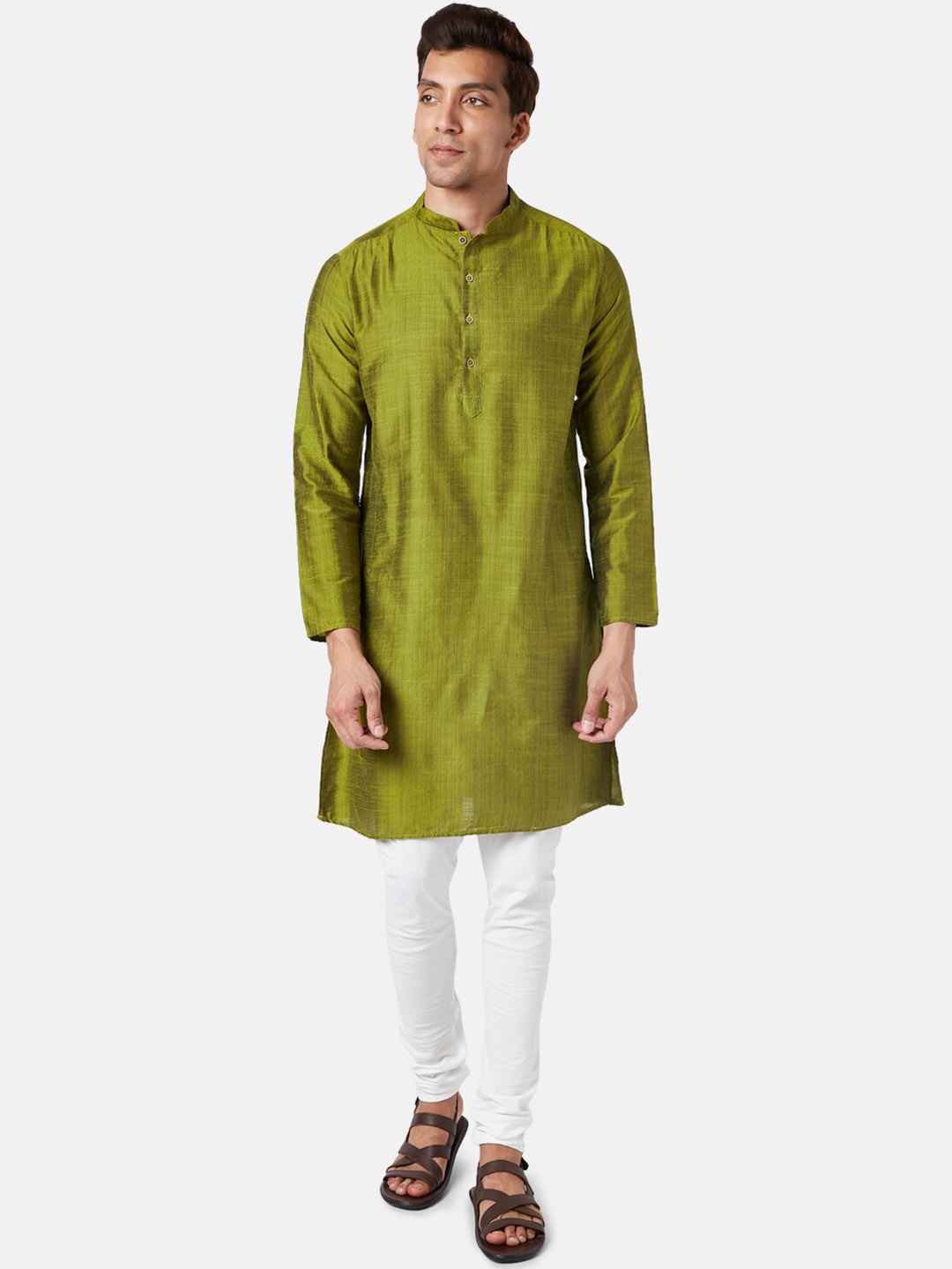 

indus route by Pantaloons Mandarin Collar Kurta, Olive