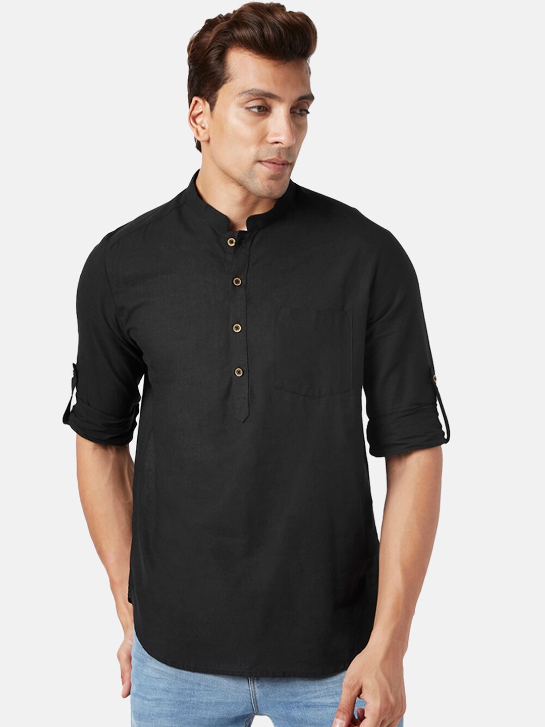 

indus route by Pantaloons Mandarin Collar Pure Cotton Kurta, Black