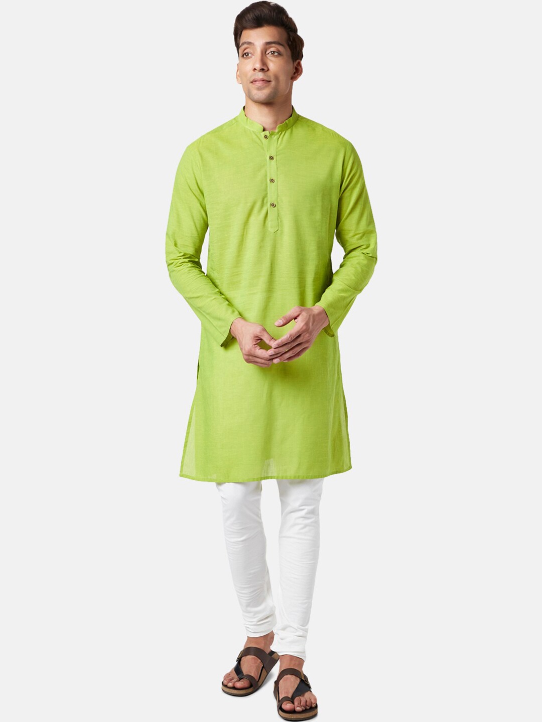 

indus route by Pantaloons Mandarin Collar Pure Cotton Kurta, Green