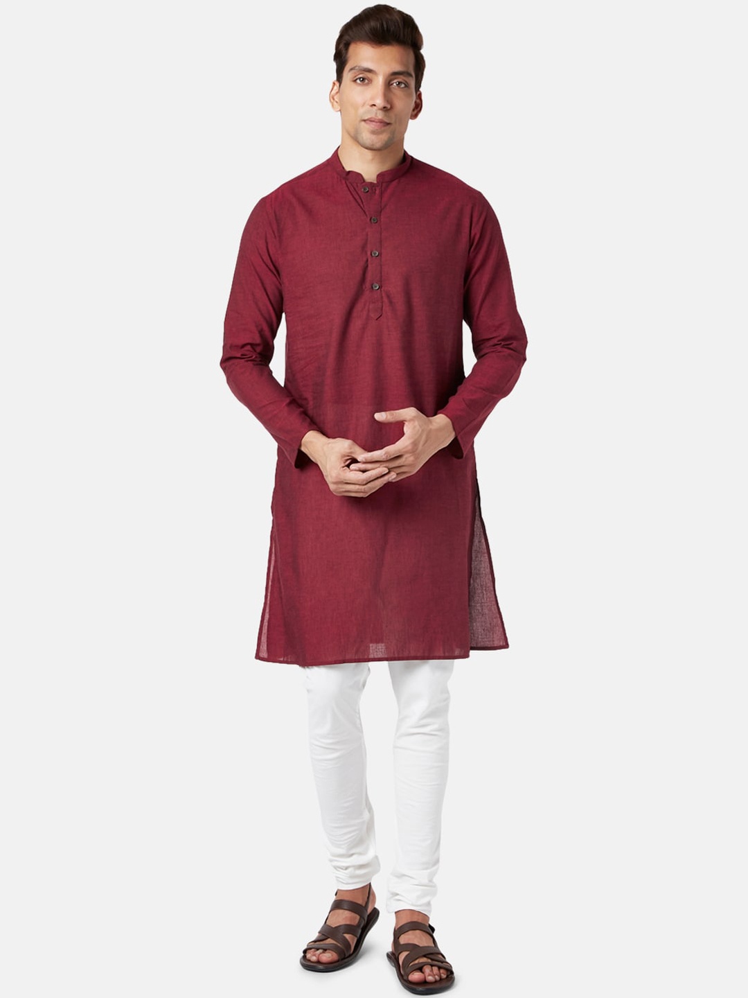 

indus route by Pantaloons Mandarin Collar Pure Cotton Kurta, Maroon