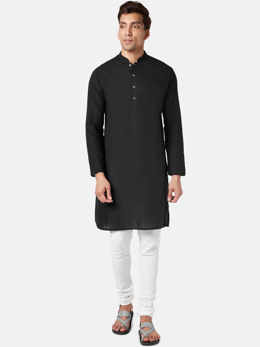 

indus route by Pantaloons Mandarin Collar Pure Cotton Kurta, Black