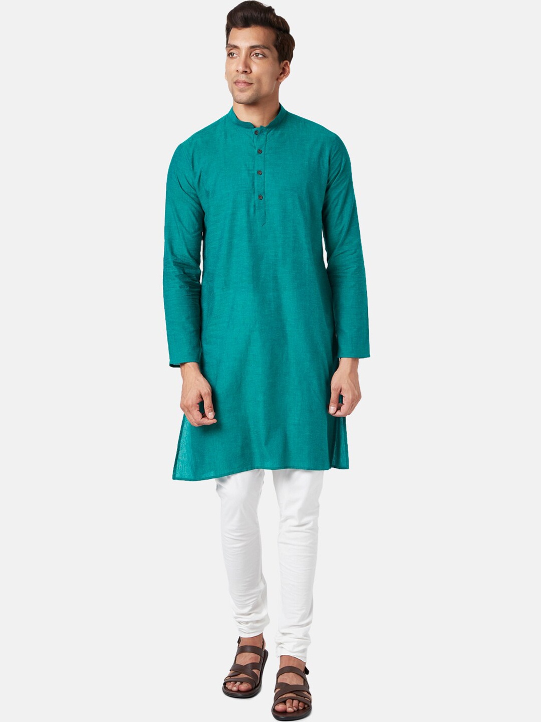 

indus route by Pantaloons Mandarin Collar Pure Cotton Kurta, Teal