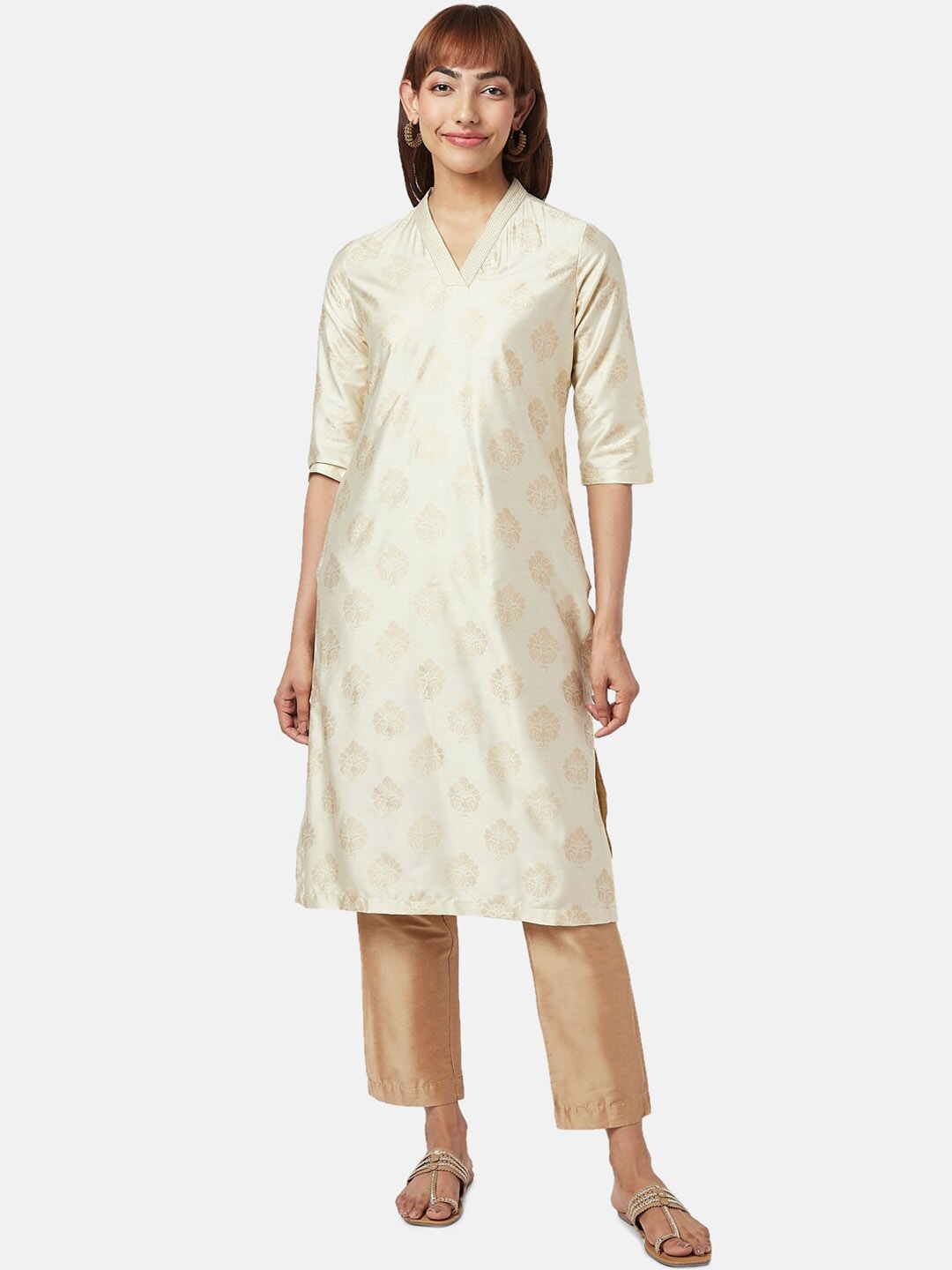 

RANGMANCH BY PANTALOONS Ethnic Motifs Printed Cotton Kurta, Off white