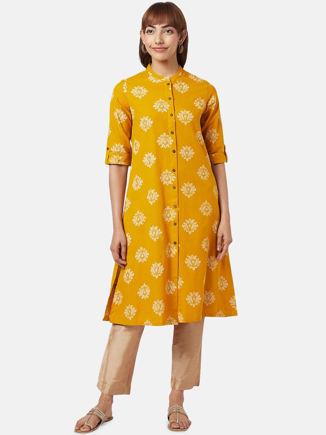 

RANGMANCH BY PANTALOONS Ethnic Motifs Printed Cotton Kurta, Yellow