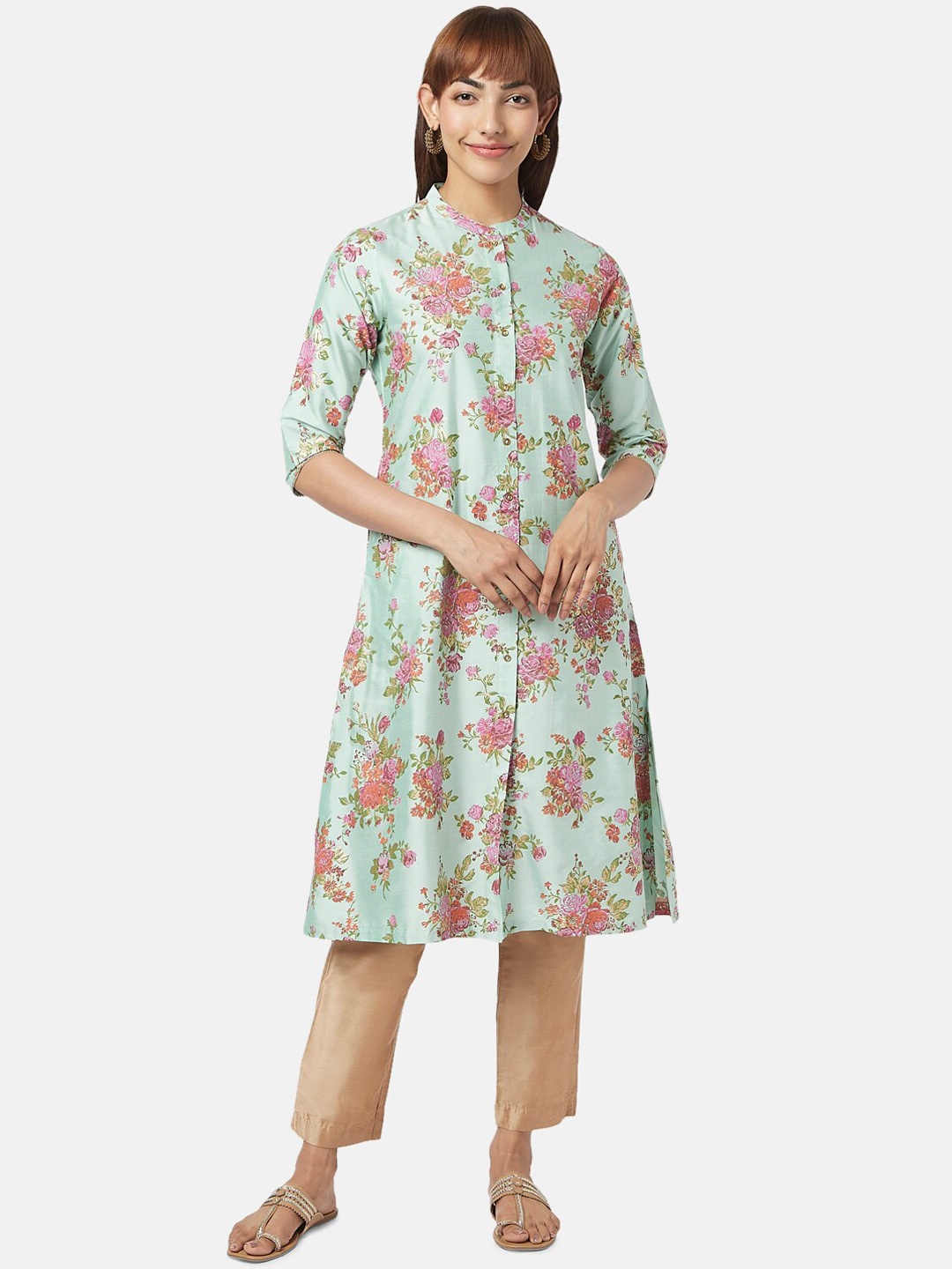 

RANGMANCH BY PANTALOONS Floral Printed Mandrain Collar A-Line Kurta, Green