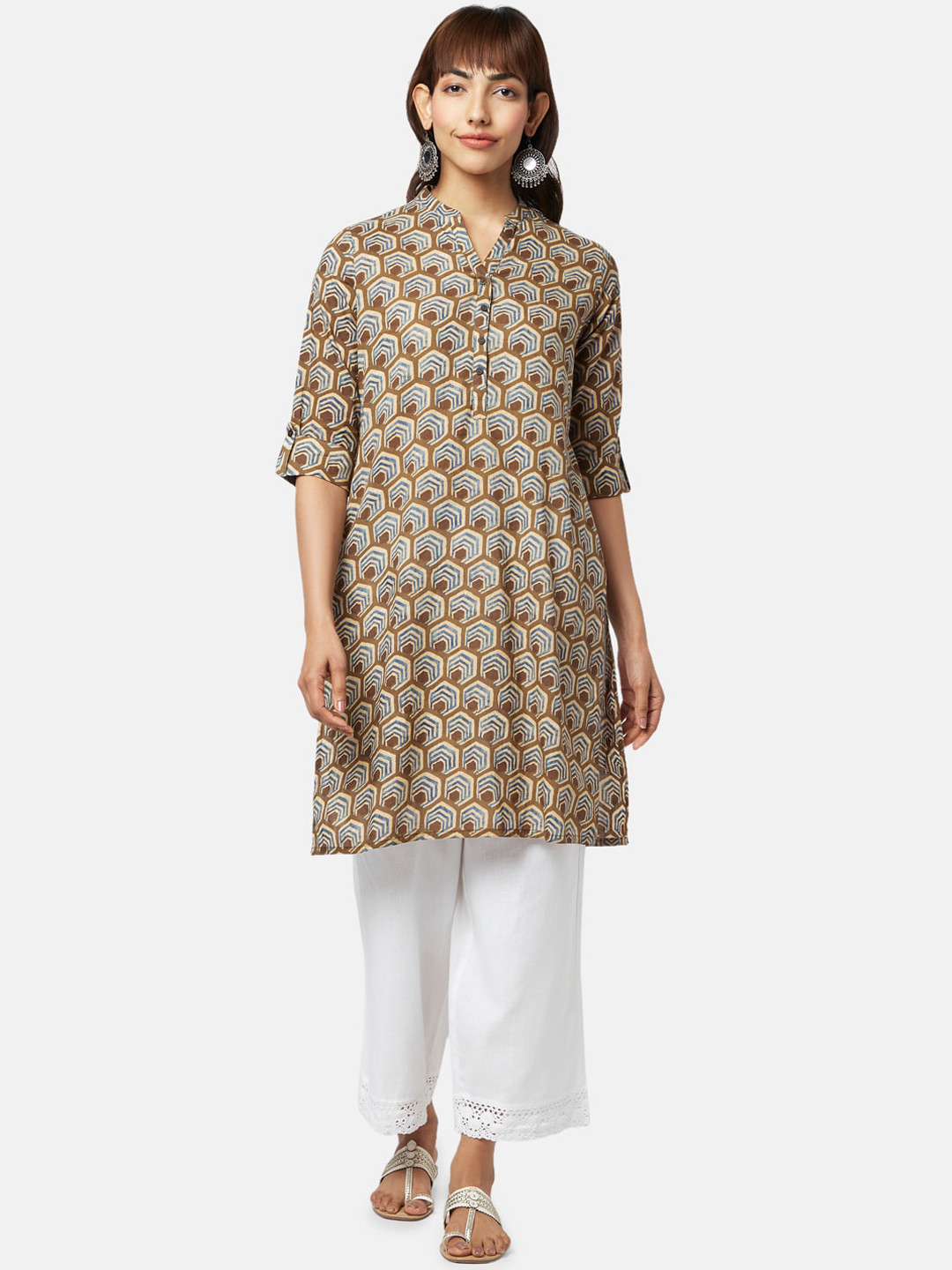 

RANGMANCH BY PANTALOONS Women Abstract Printed Mandarin Collar Cotton Kurta, Olive