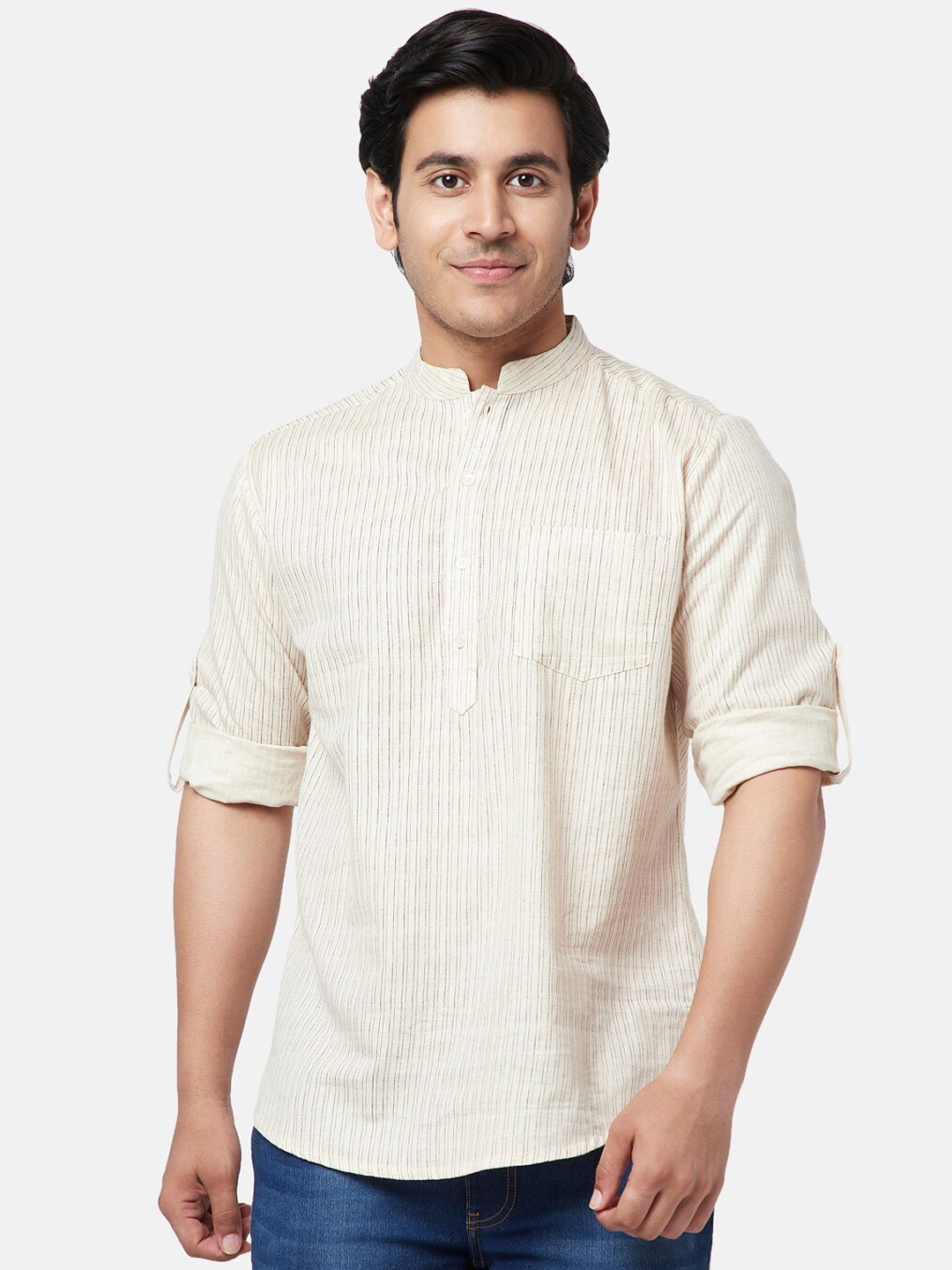 

YU by Pantaloons Striped Mandarin Collar Kurta, Off white