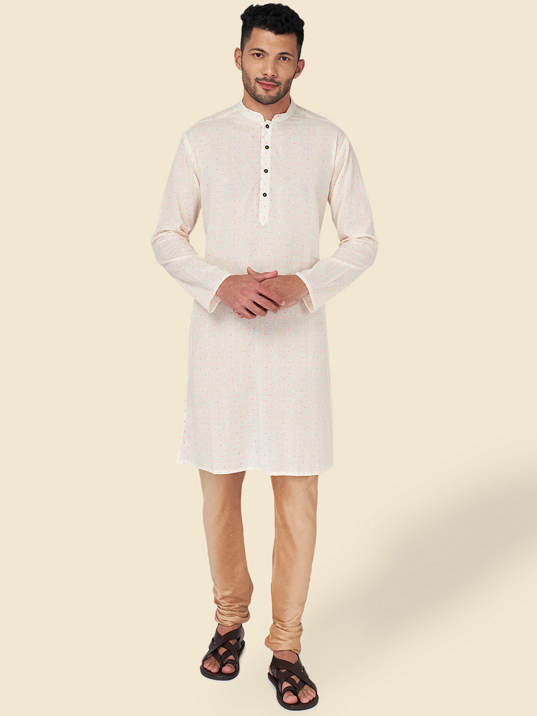 

YU by Pantaloons Mandarin Collar Thread Work Cotton Kurta, Off white