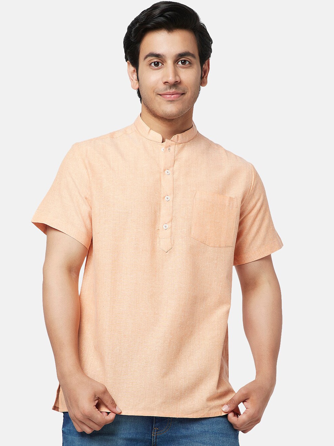 

YU by Pantaloons Mandarin Collar Short Sleeves Cotton Kurta, Peach