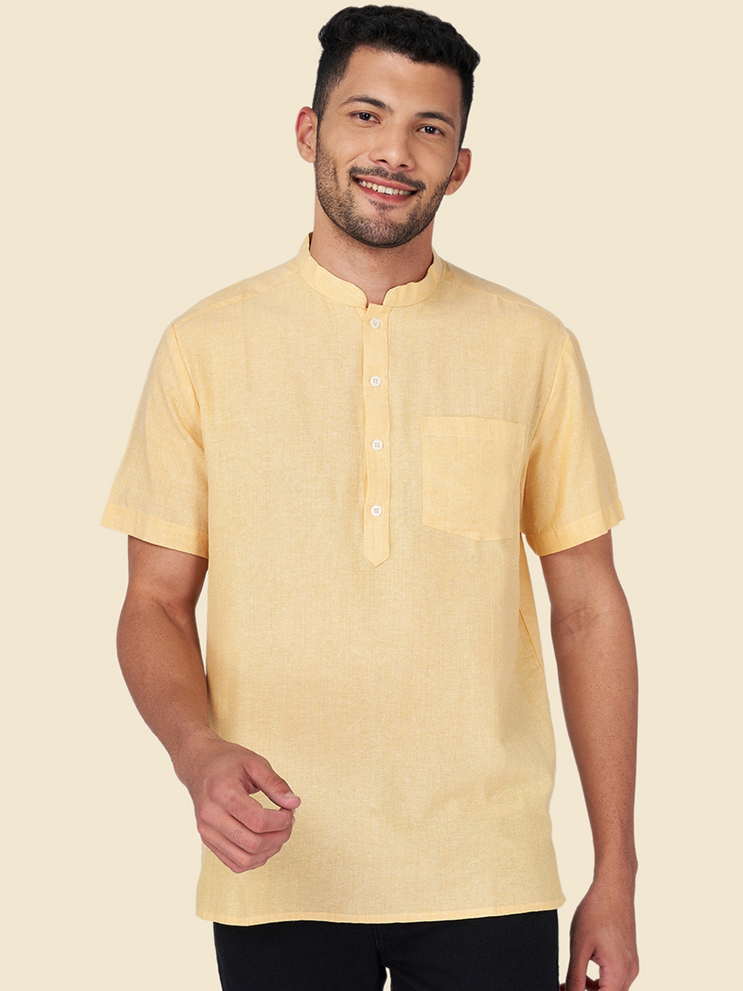 

YU by Pantaloons Mandarin Collar Short Sleeves Cotton Kurta, Yellow