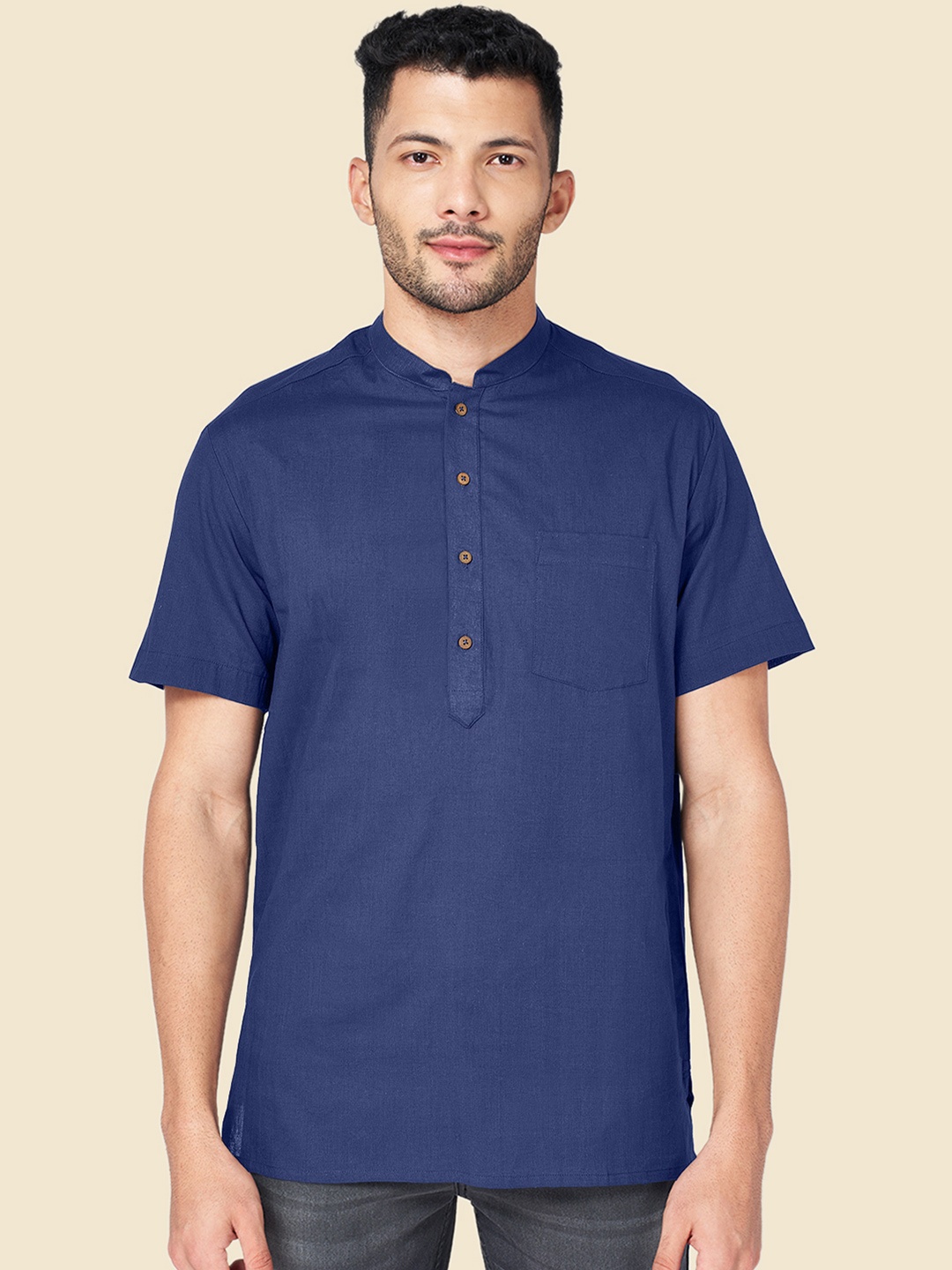 

YU by Pantaloons Mandarin Collar Short Sleeves Cotton Kurta, Navy blue