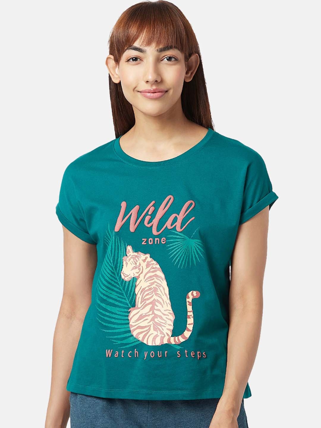 

Dreamz by Pantaloons Women Printed Cotton Lounge T-Shirt, Teal