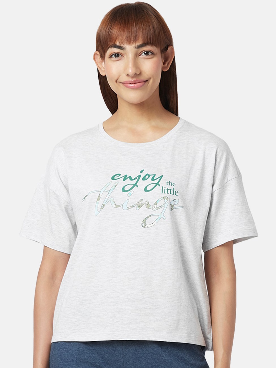 

Dreamz by Pantaloons Women Typography Printed Cotton Lounge T-Shirt, Grey melange