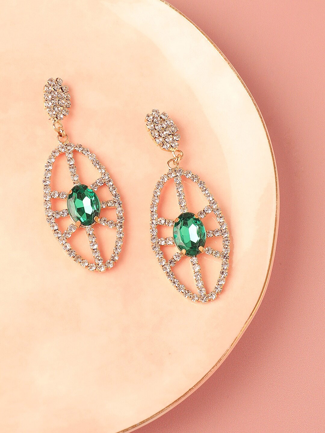 

SOHI Gold-Plated Stone Studded Contemporary Drop Earrings, White