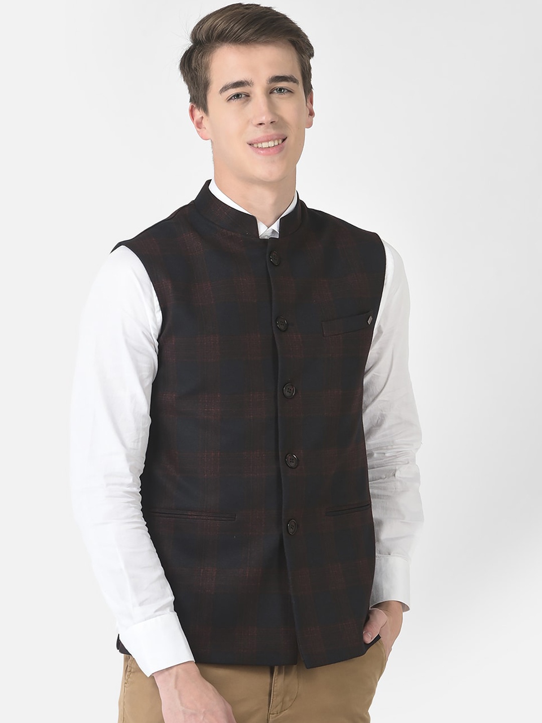 

Crimsoune Club Men Checked Nehru Jacket, Navy blue