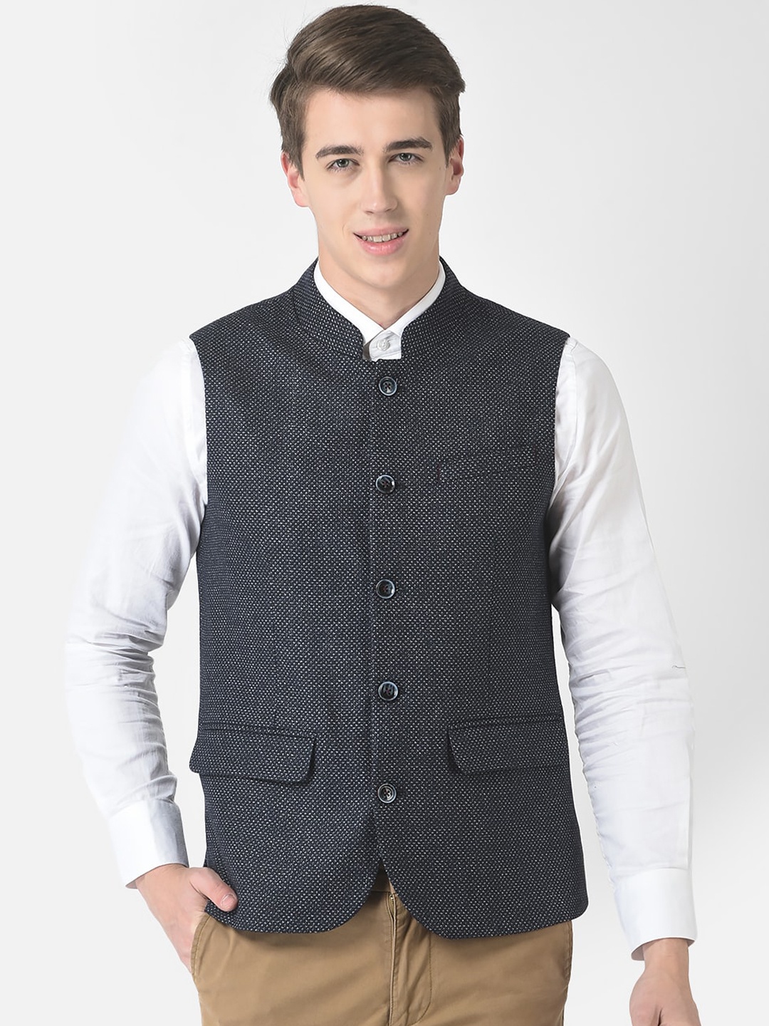 

Crimsoune Club Men Textured Nehru Jacket, Navy blue