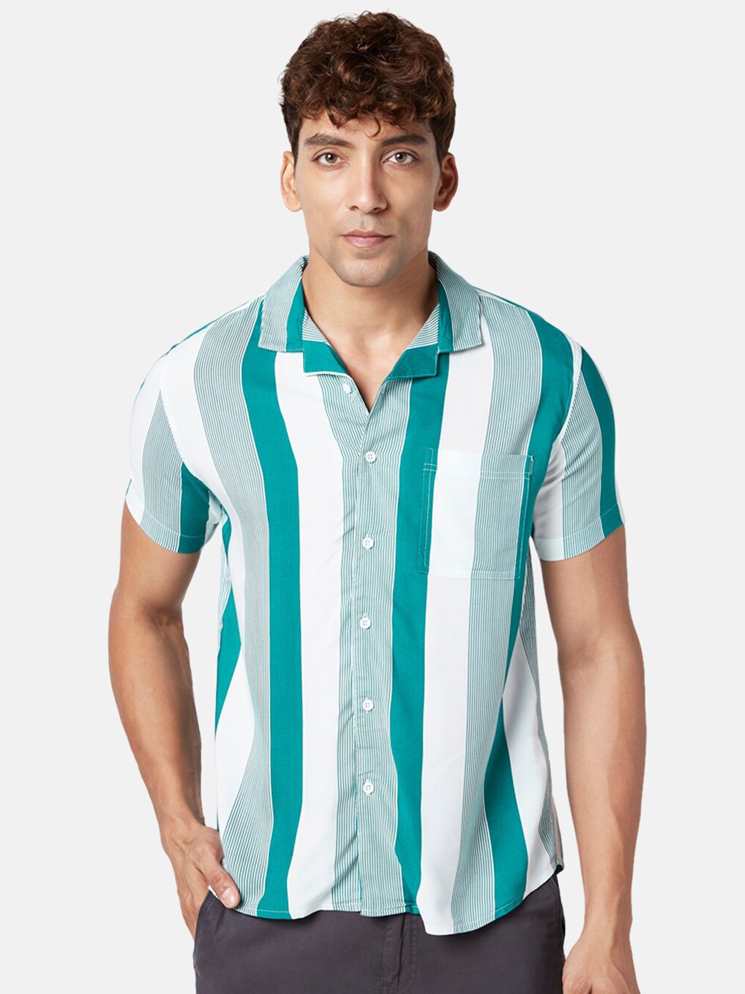 

Urban Ranger by pantaloons Men Slim Fit Striped Casual Shirt, Teal