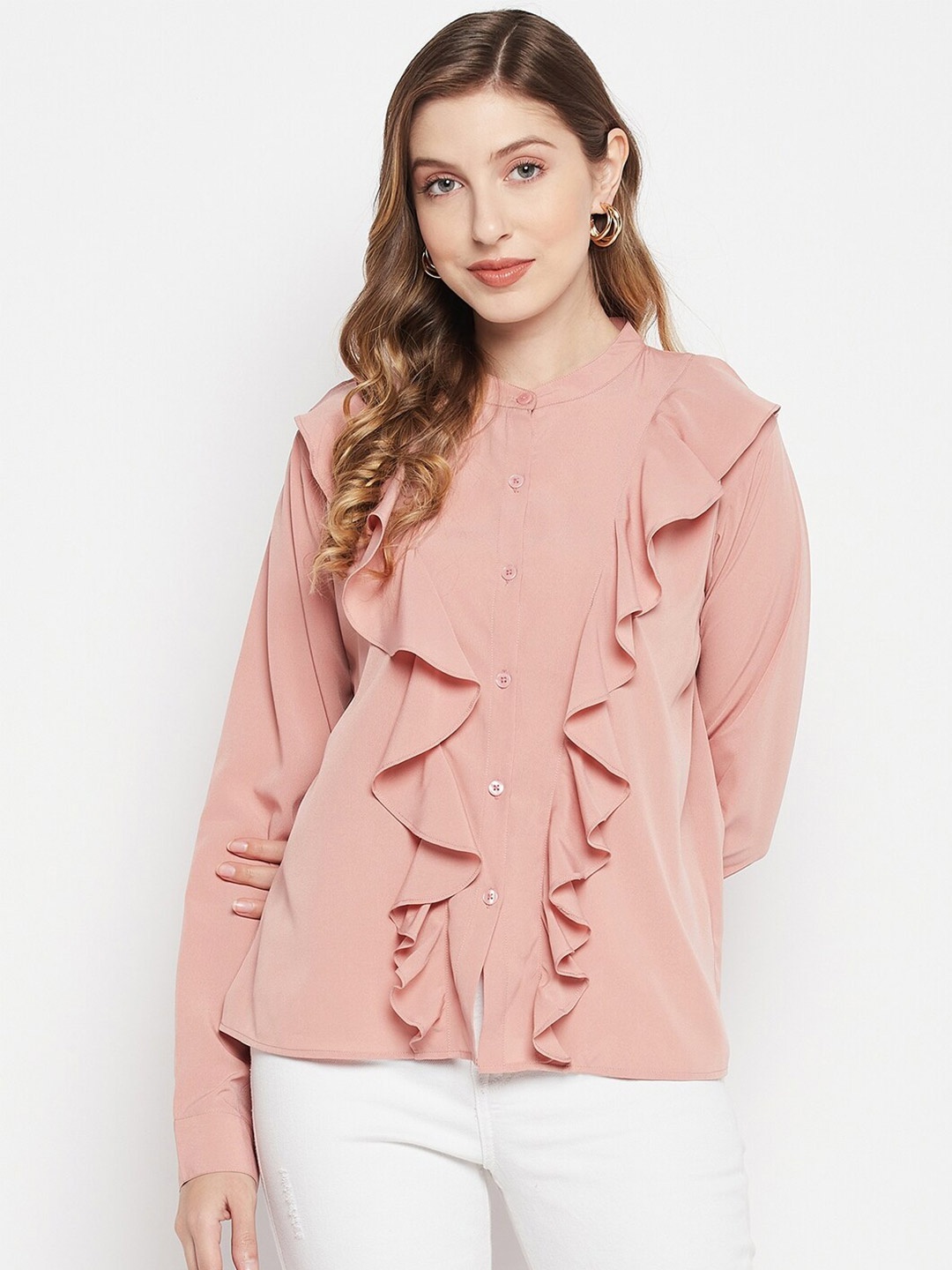 

Color Cocktail Mandarin Collar Ruffles Crepe Top, Pink