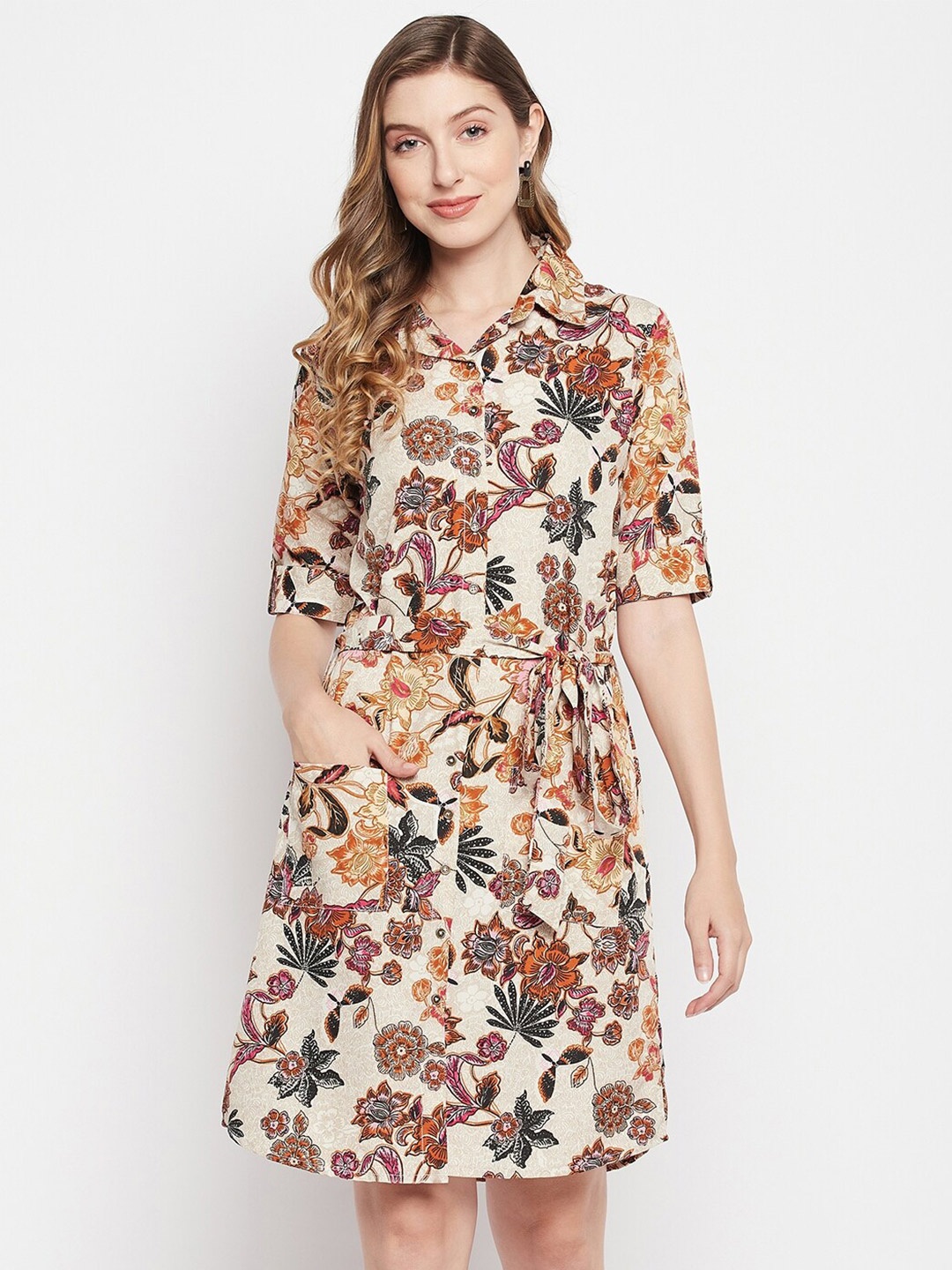 

Color Cocktail White Floral Crepe A-Line Dress
