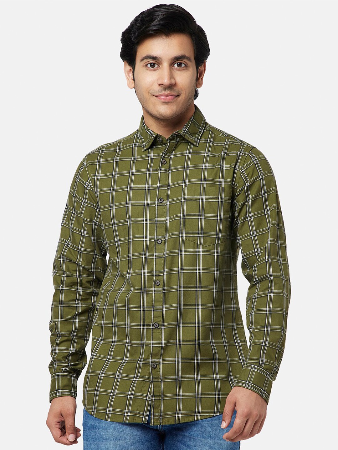 

YU by Pantaloons Men Slim Fit Checked Cotton Casual Shirt, Olive