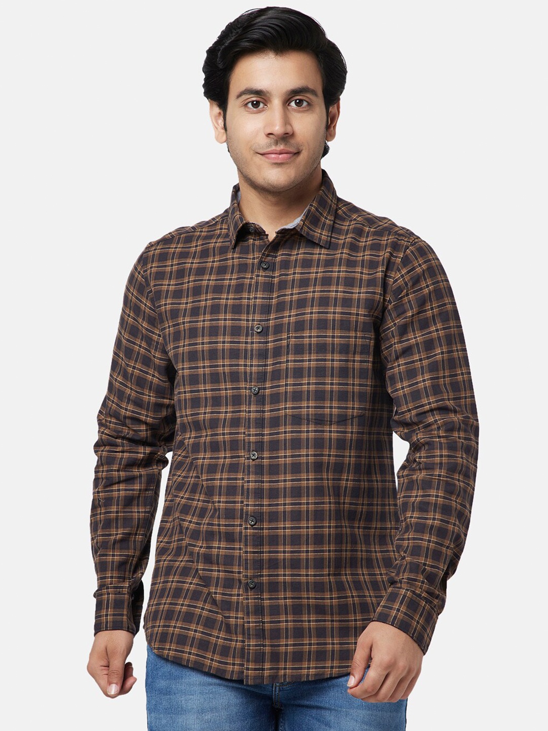 

YU by Pantaloons Men Slim Fit Checked Casual Cotton Shirt, Brown