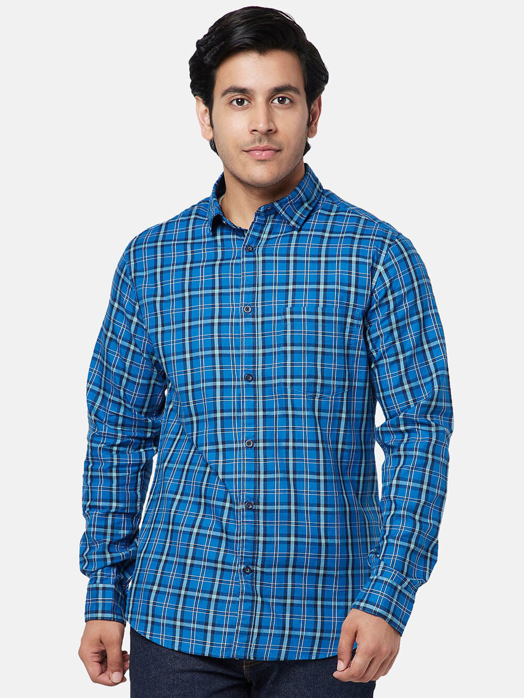 

YU by Pantaloons Men Slim Fit Checked Casual Cotton Shirt, Blue