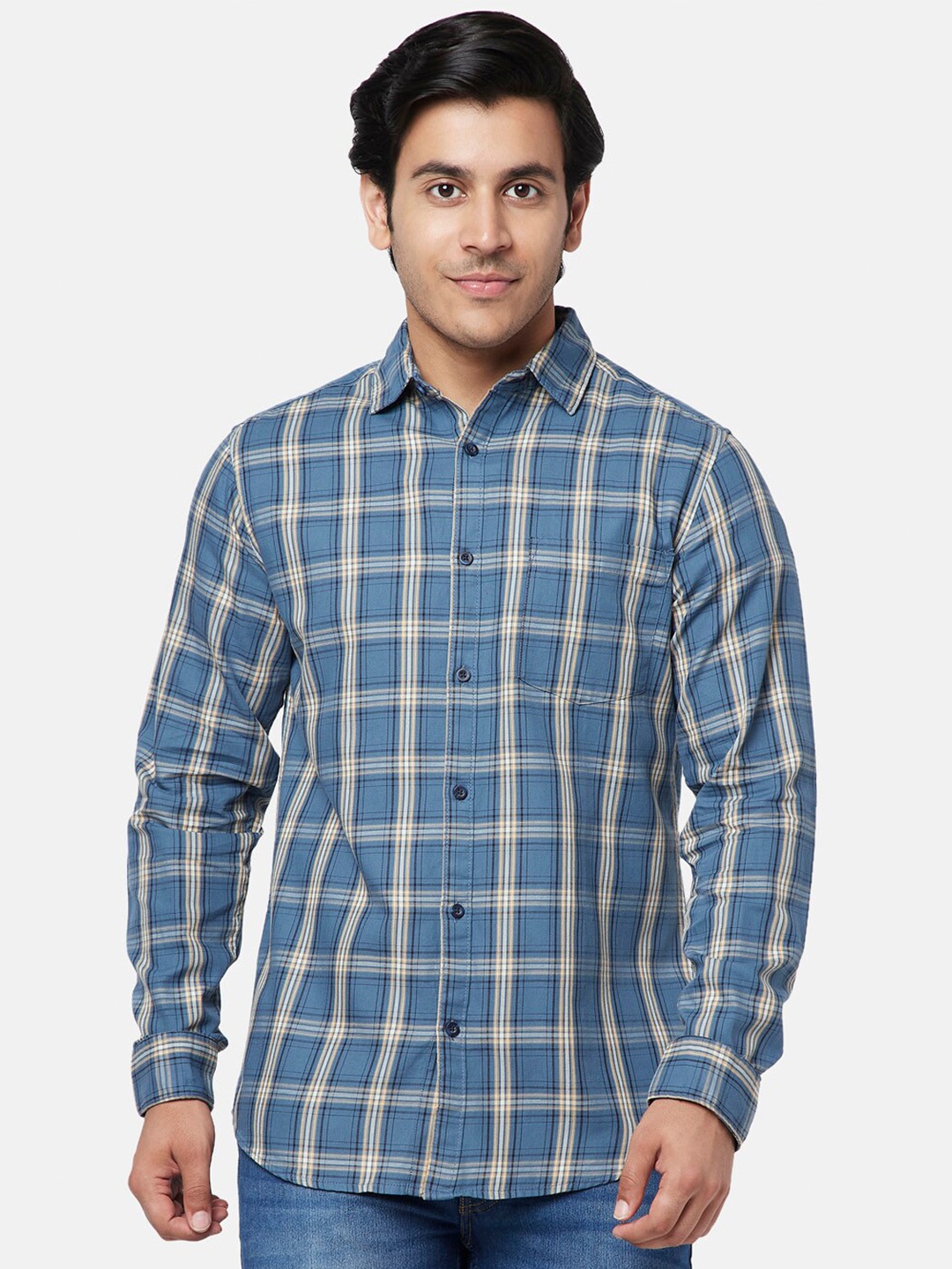 

YU by Pantaloons Men Slim Fit Checked Casual Cotton Shirt, Blue