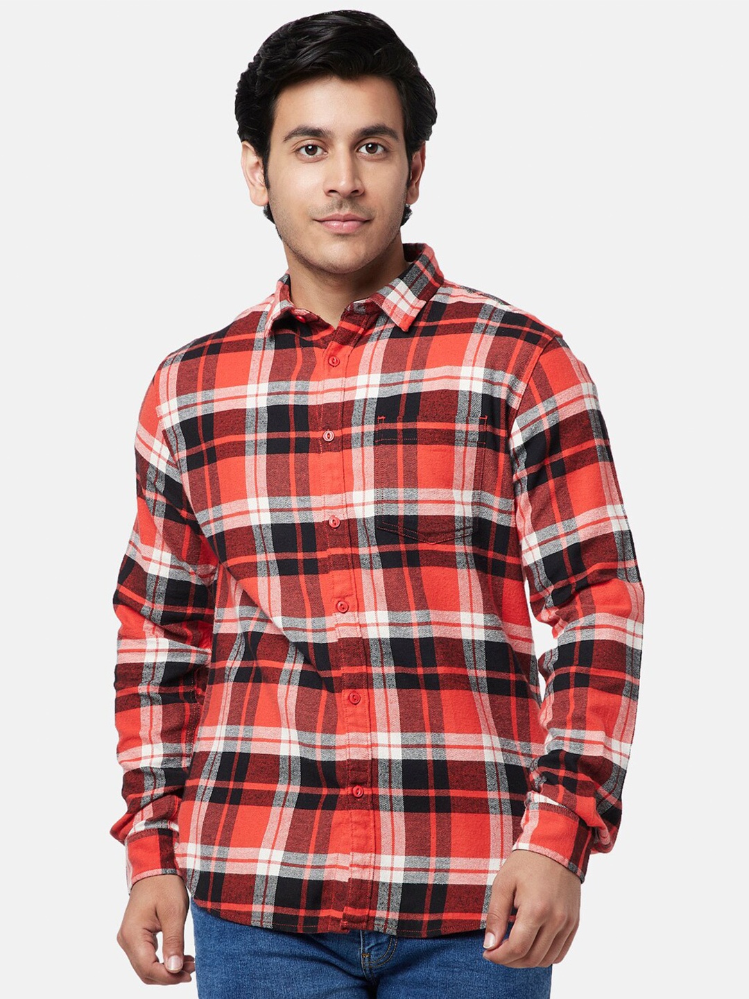 

YU by Pantaloons Men Slim Fit Tartan Checks Checked Cotton Casual Shirt, Orange