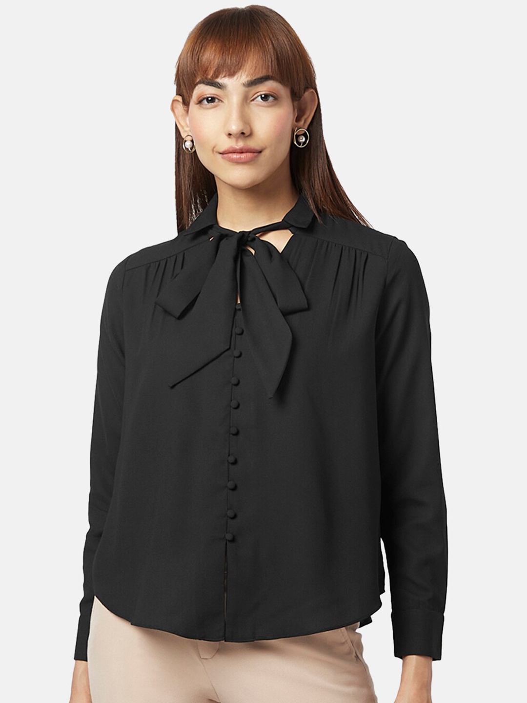 

Annabelle by Pantaloons Tie-Up Neck Shirt Style Top, Black