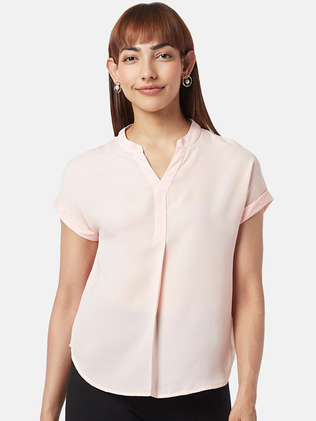 

Annabelle by Pantaloons Mandarin Collar Extended Sleeves Shirt Style Top, Pink