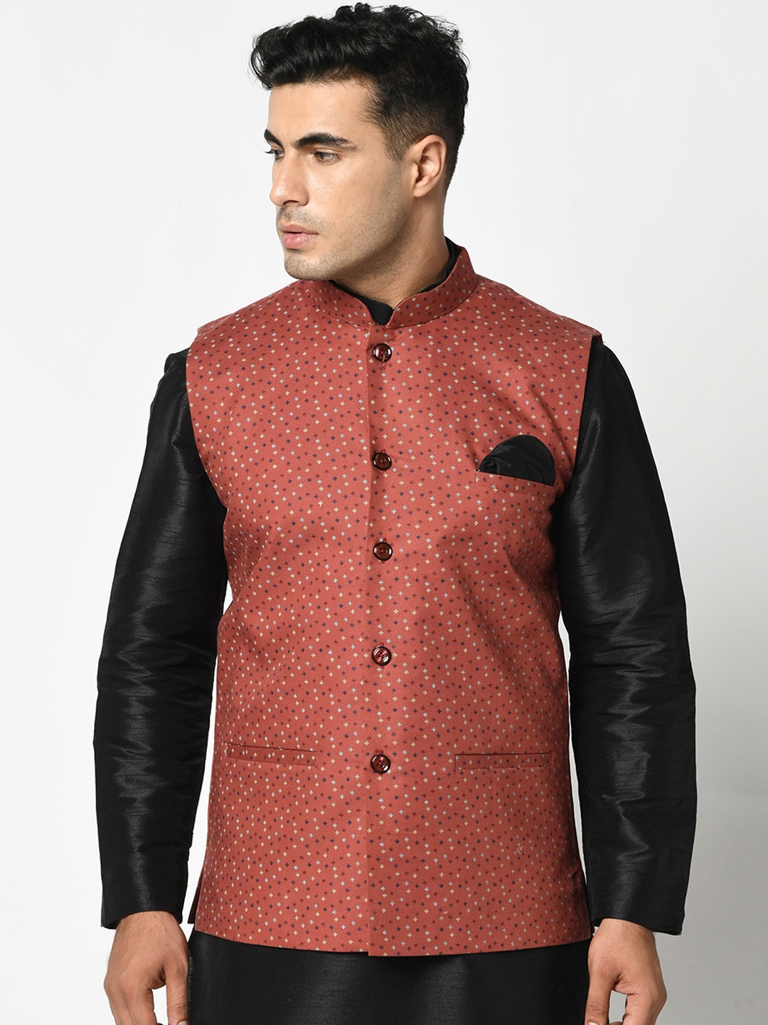 

DEYANN Men Printed Woven Nehru Jacket, Red